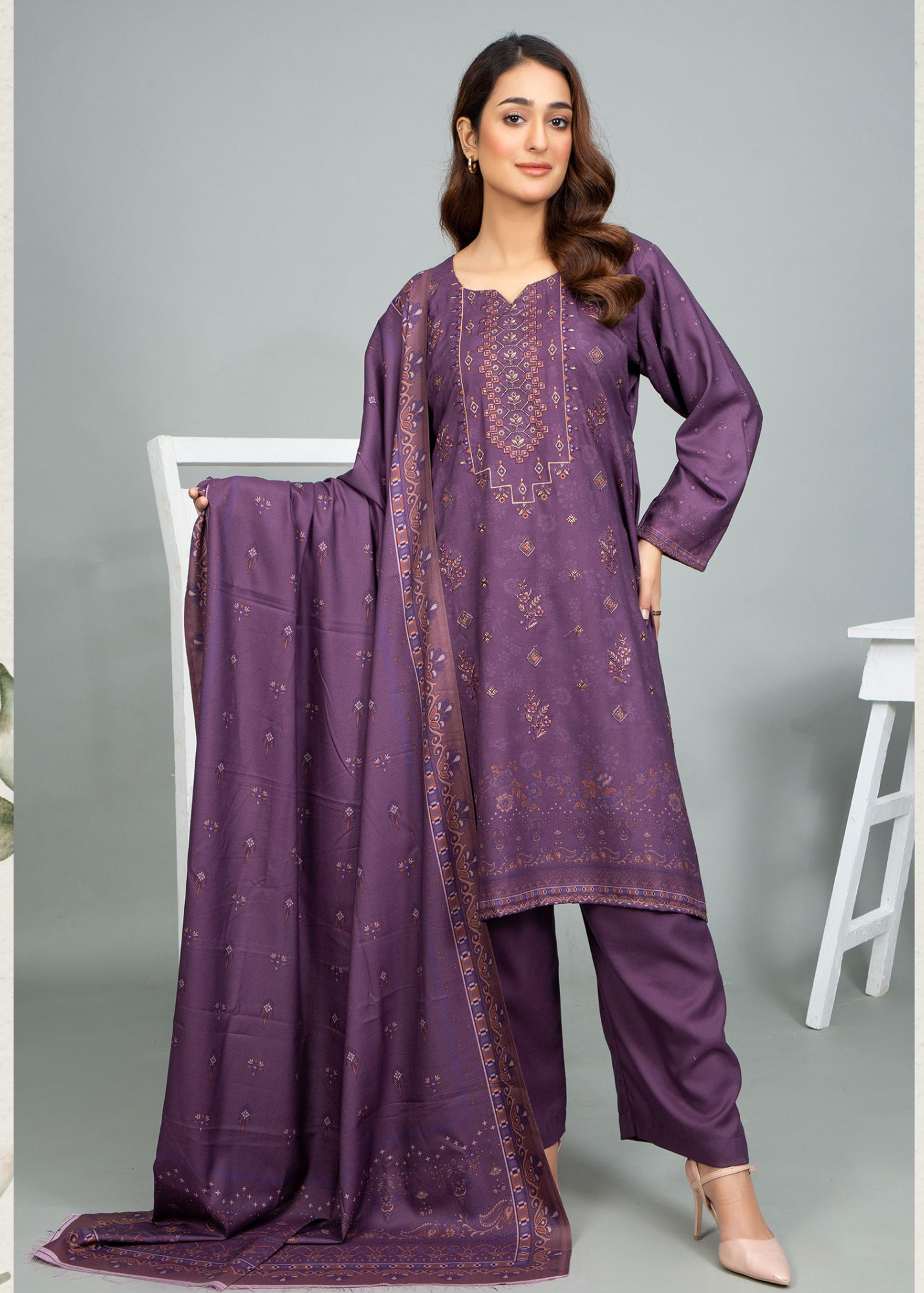 3PC-Unstitched Embroidered Purple Dhanak Marina