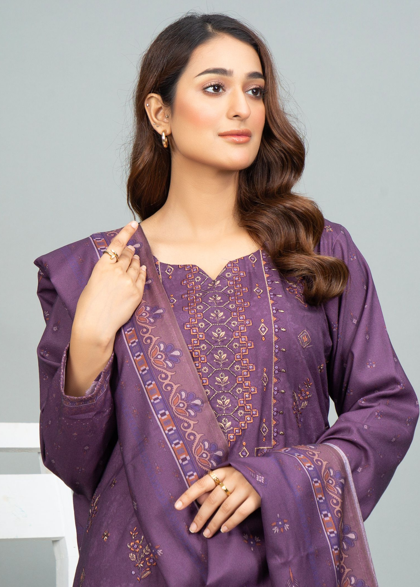 3PC-Unstitched Embroidered Purple Dhanak Marina