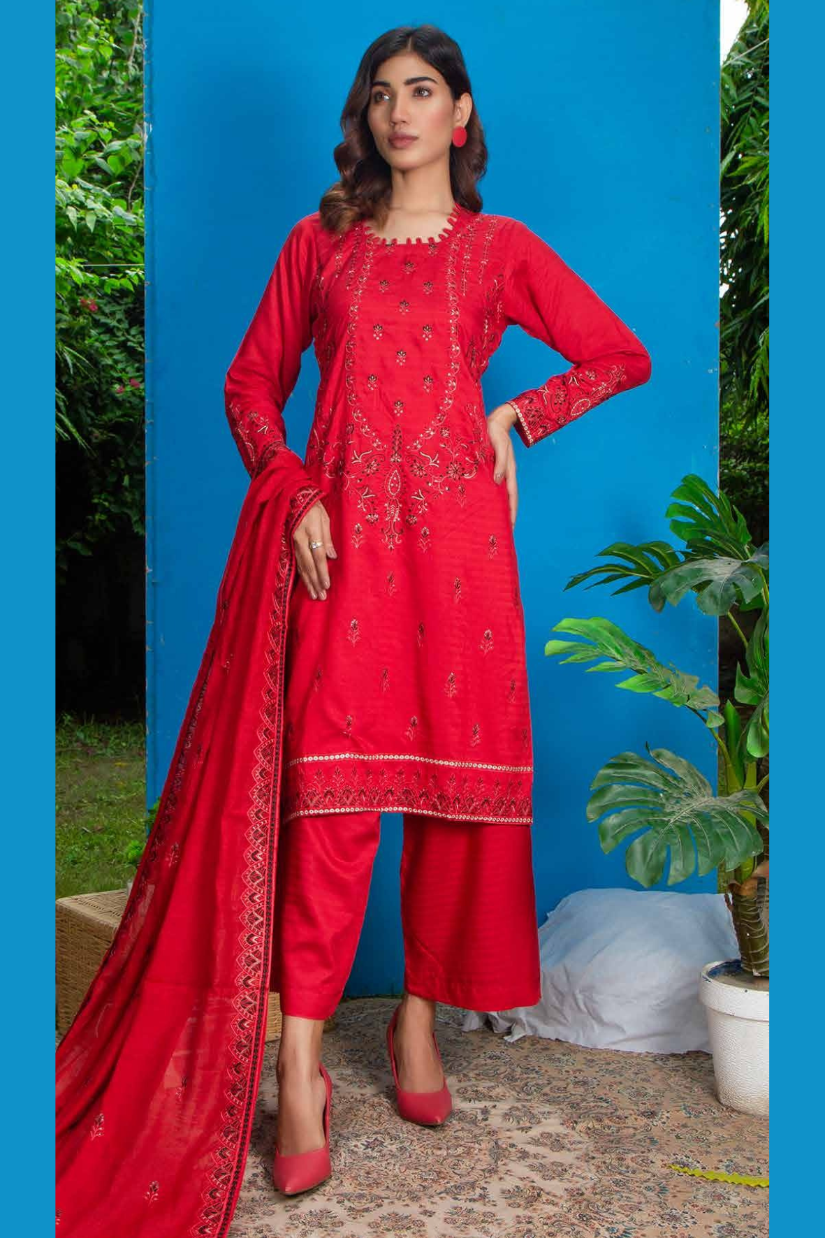 3PC-Unstitched Embroidered Red Viscose Bana Dora