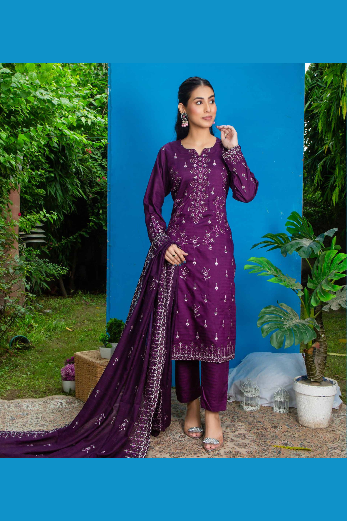 3PC-Unstitched Embroidered Purple Viscose Bana Dora