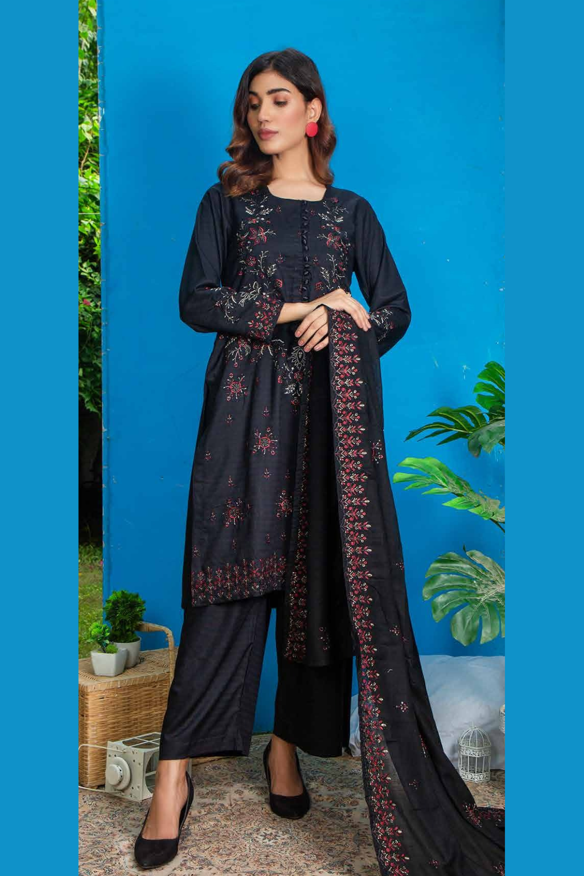 3PC-Unstitched Embroidered Black Viscose Bana Dora