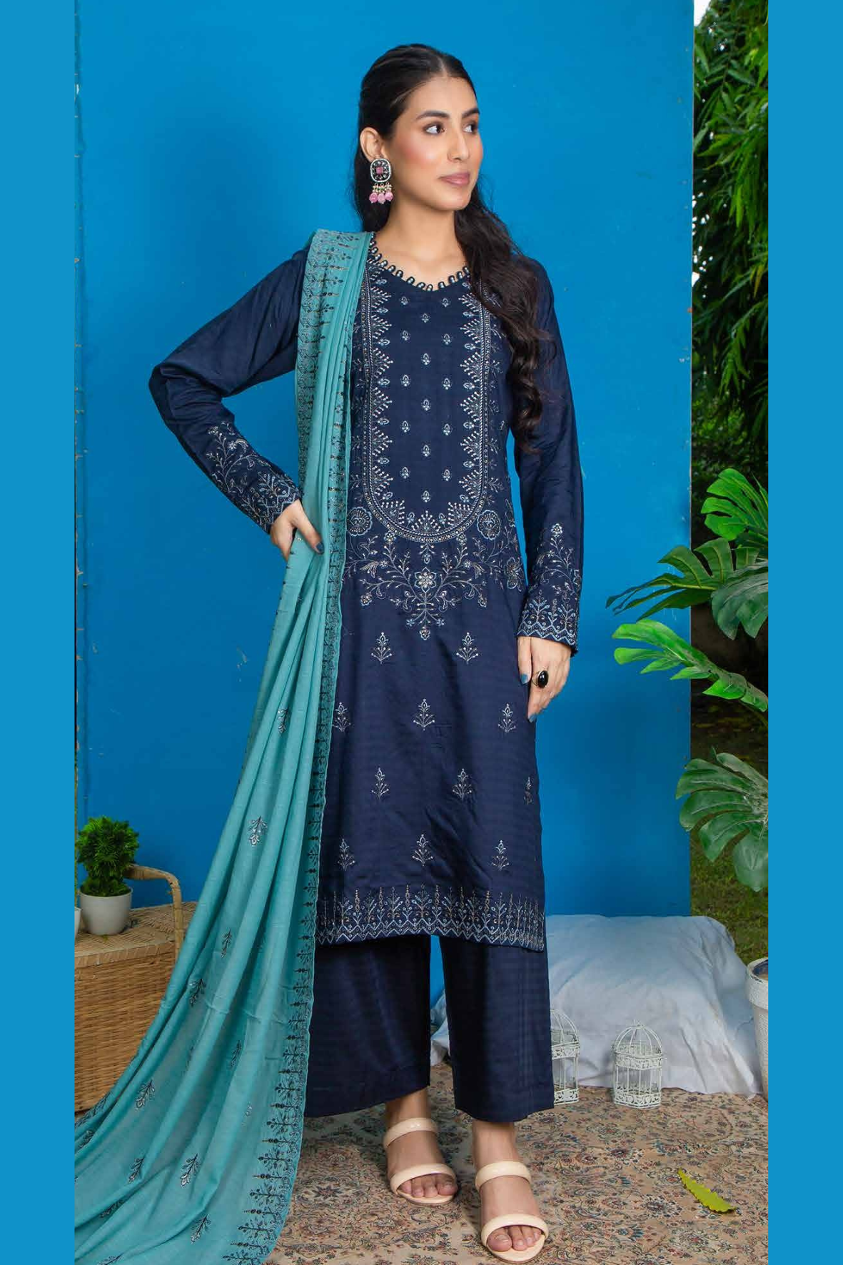 3PC-Unstitched Embroidered Navy Blue Viscose Bana Dora