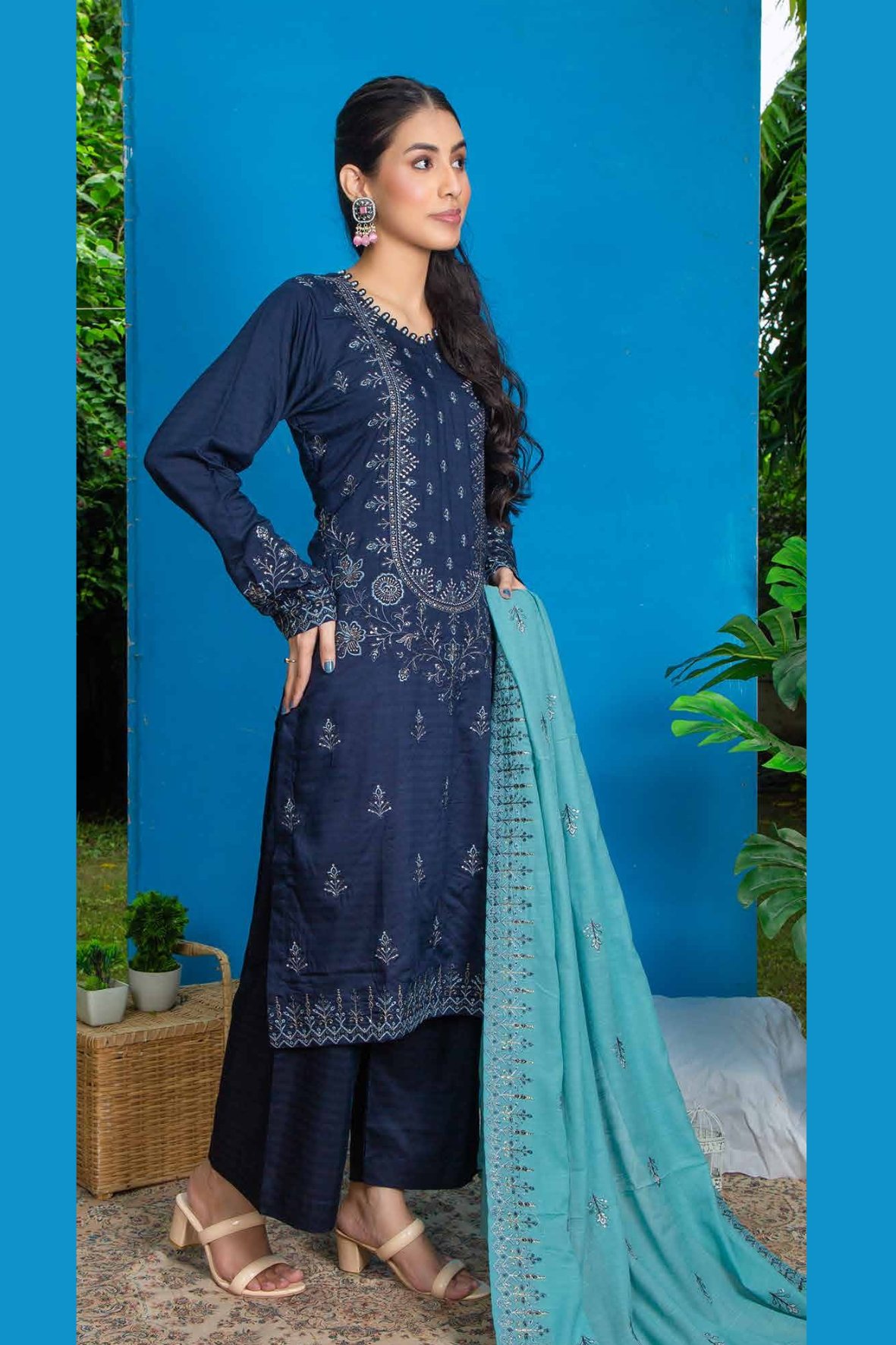 3PC-Unstitched Embroidered Navy Blue Viscose Bana Dora